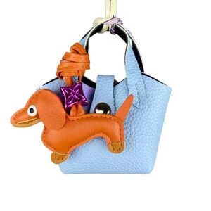 Blue Mini Leather Bag Charm with Orange Dachshund